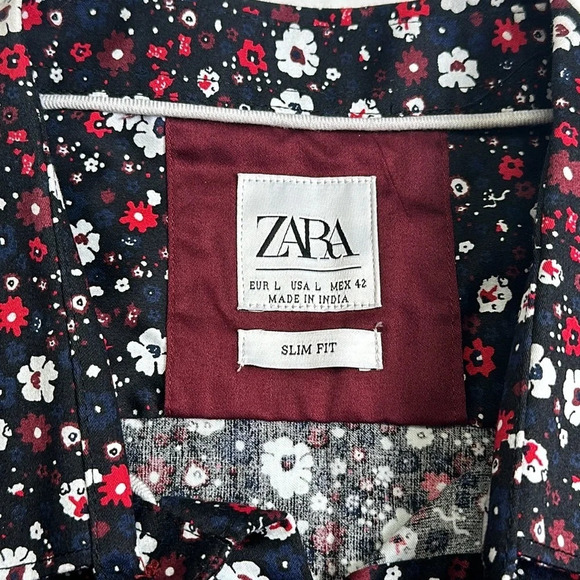 Zara Slim Fit Black Navy Floral Long Sleeve Button Down Men’s Size Large - Picture 8 of 12